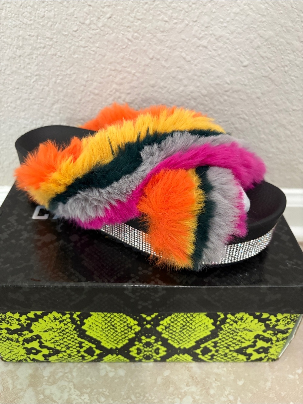 Multicolor Faux Fur Slide Sandals